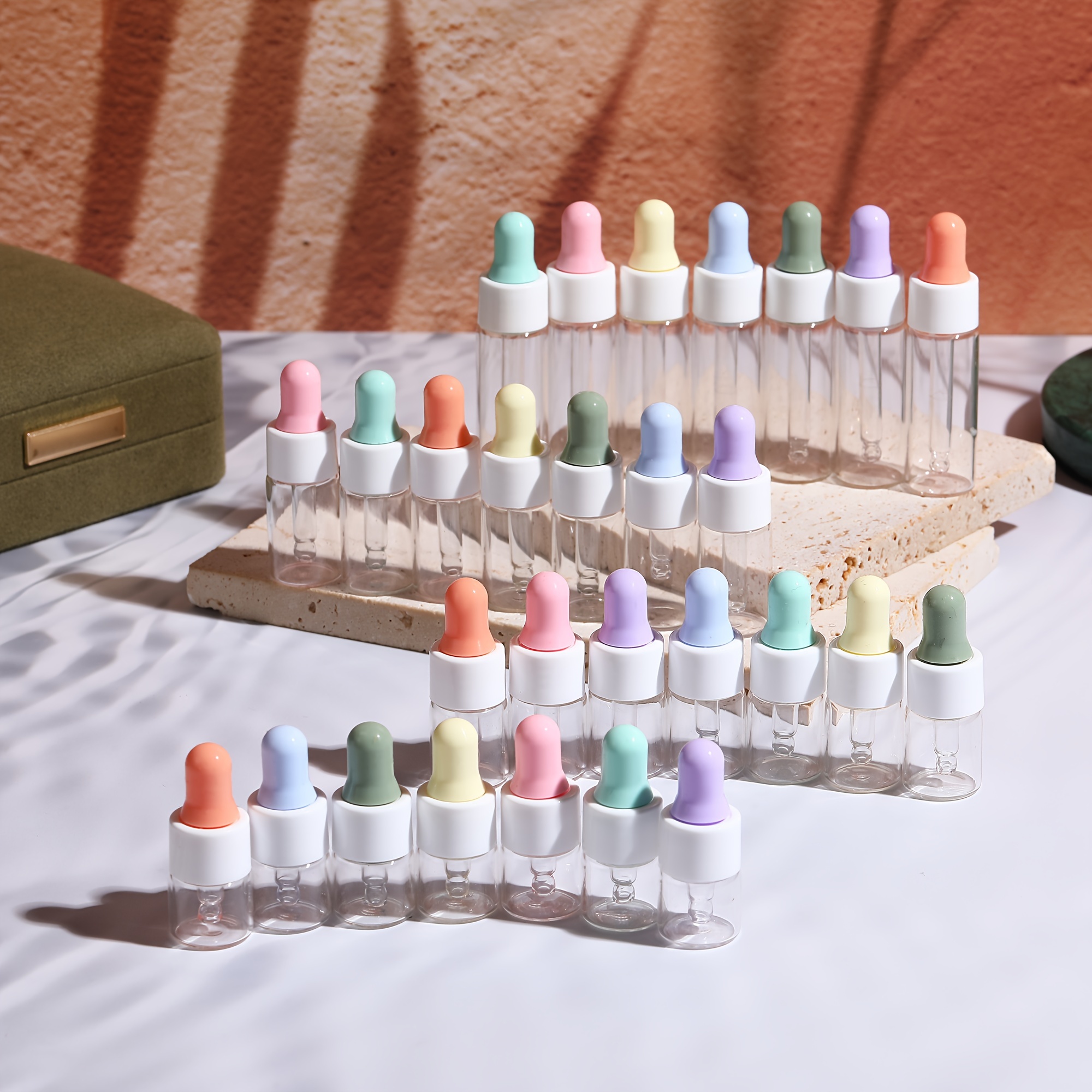 

28pcs Mini Dropper Bottles, Transparent Glass Essential Oil Vials With Colorful Silicone Caps, Sample Size Dispensers For Aromatherapy And Perfumes