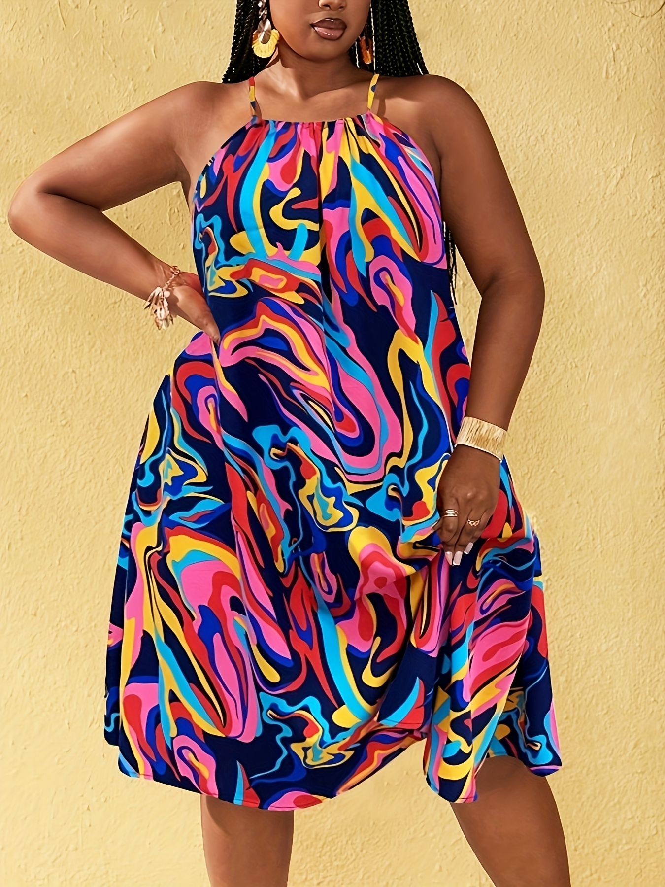 Plus Size Women's Halter Neck Tie-Front Dress Tropical Floral Print,  Lightweight Summer Beach Vacation Dress with Machine