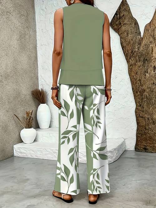 Directional Development - New Twill Plant Stripe Neck Double Layer Sleeveless Vest Straight Pants Casual Comfortable Vest Suit