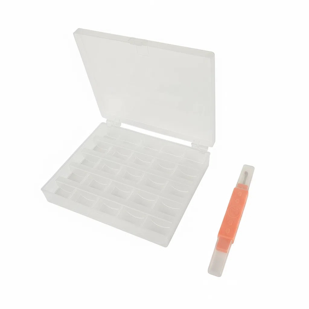 TEMU 2pcs Combo Set: 25-slot Transparent Sewing Thread Spool Box And 1 Needle Threader And Seam Ripper. Dustproof Portable Dual-pack Sewing