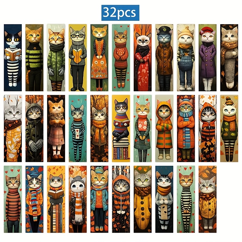 Image of A Set Of 32 Bookmarks Featuring Expressionless Cat Designs, Markers—perfect For Christmas, Halloween Gifts, Back-to-, A Must-have For Book Lovers, Adorable Gifts For Students And Teachers
