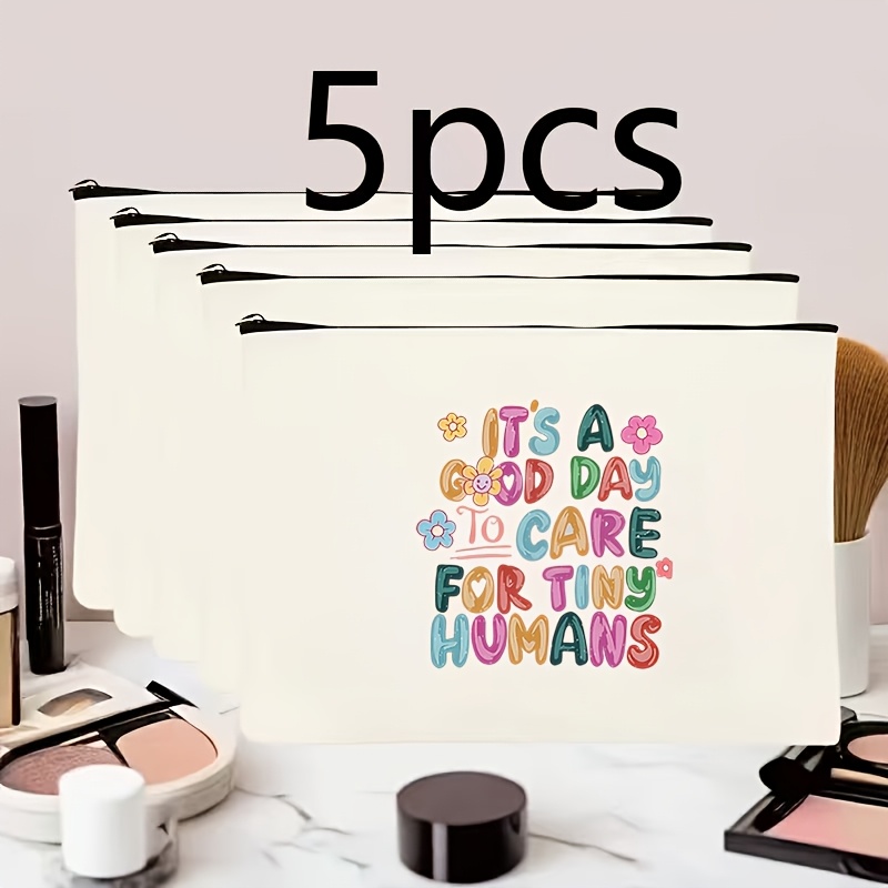 TEMU 5pcs Colorful Small Floral Bubble Letters It's To Care For Early Education Printed Makeup Bag Nanny Teacher Portable Storage Bag