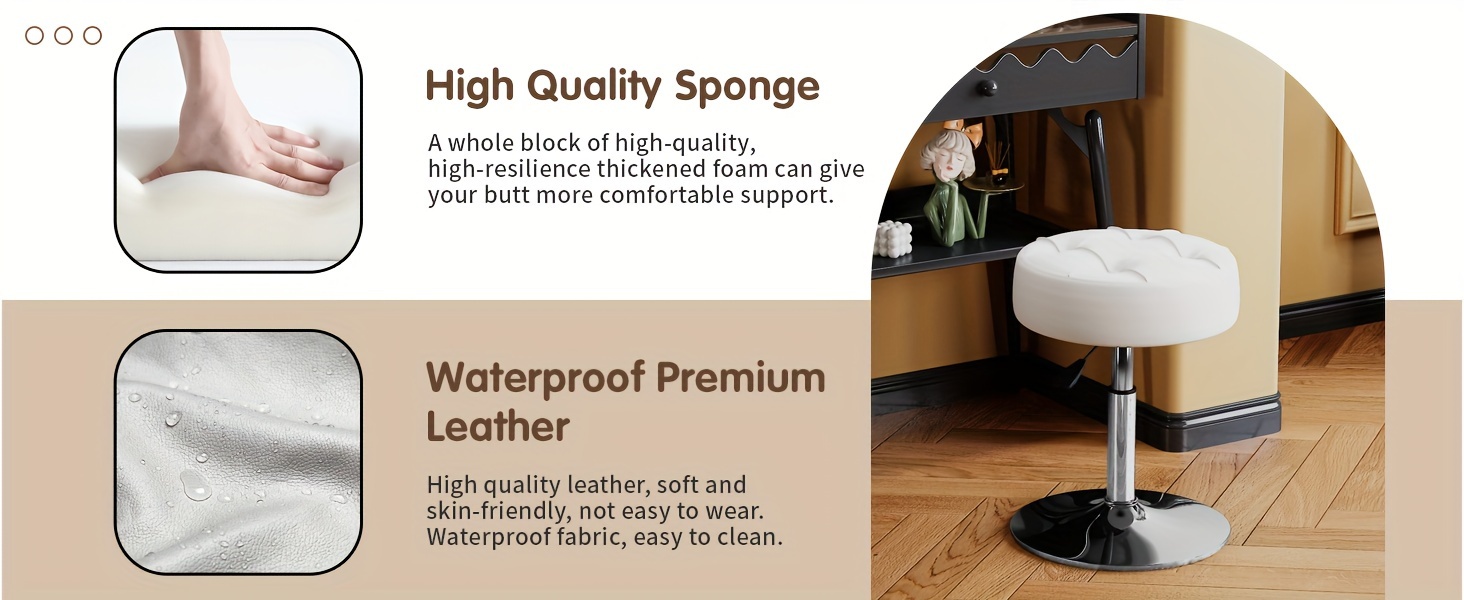 ACEQLYT Adjustable Vanity Stool, Faux Leather Vanity Chair For Makeup Room Bedroom, Round Makeup Chair Ottoman, Sturdy, Rust-Resistant And Easy To Assemble