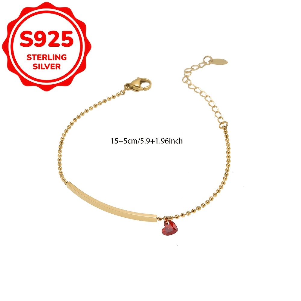 Women's S925 Sterling Silver Red Heart Polished Bar Anklet