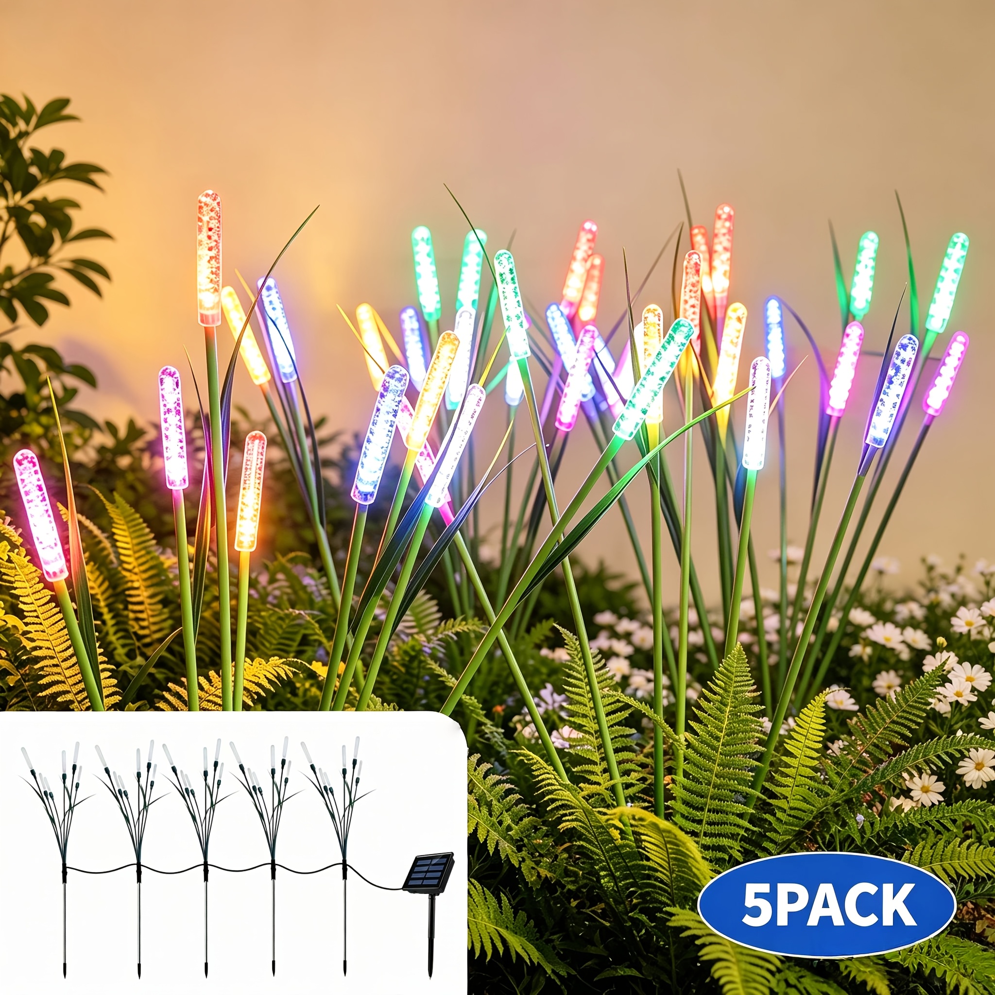 TEMU 5 Pack Solar Lights Outdoor, Garden Path Decor Lights, Solar Reed Lamp, Lawn Path Landscape Lighting, Automatic From Dusk To Dawn, Ip44, Warm