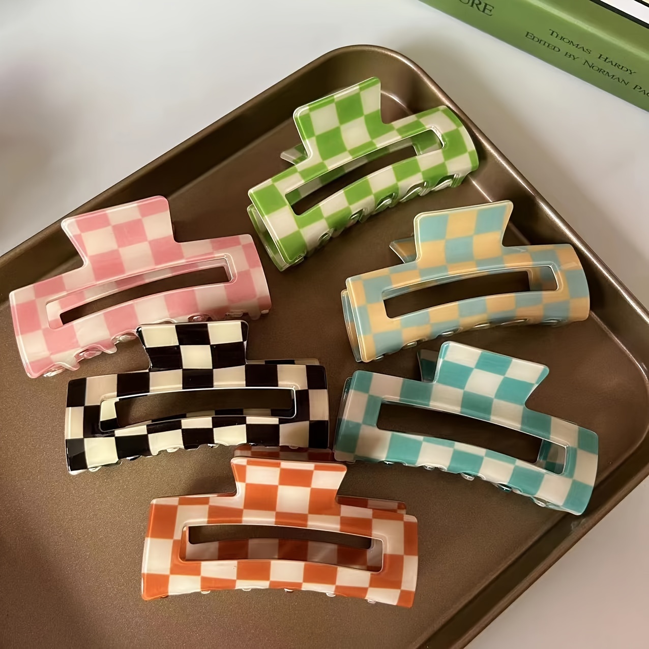 

6pcs Y2k Checkerboard Hair Claw Clips - Medium Size, Pvc, Rectangular Shark Clips For Women's