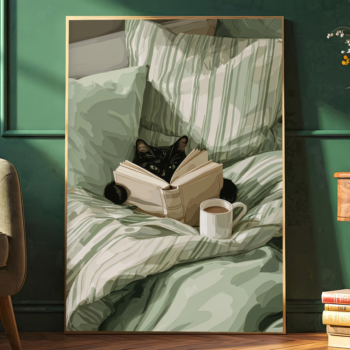 TEMU 2d Flat, 1pc Frameless Black Cat Reading Poster - Modern Minimalist Suitable For Rooms, Cute Cat On Bed Wall Art, Reusable Canvas Painting For,
