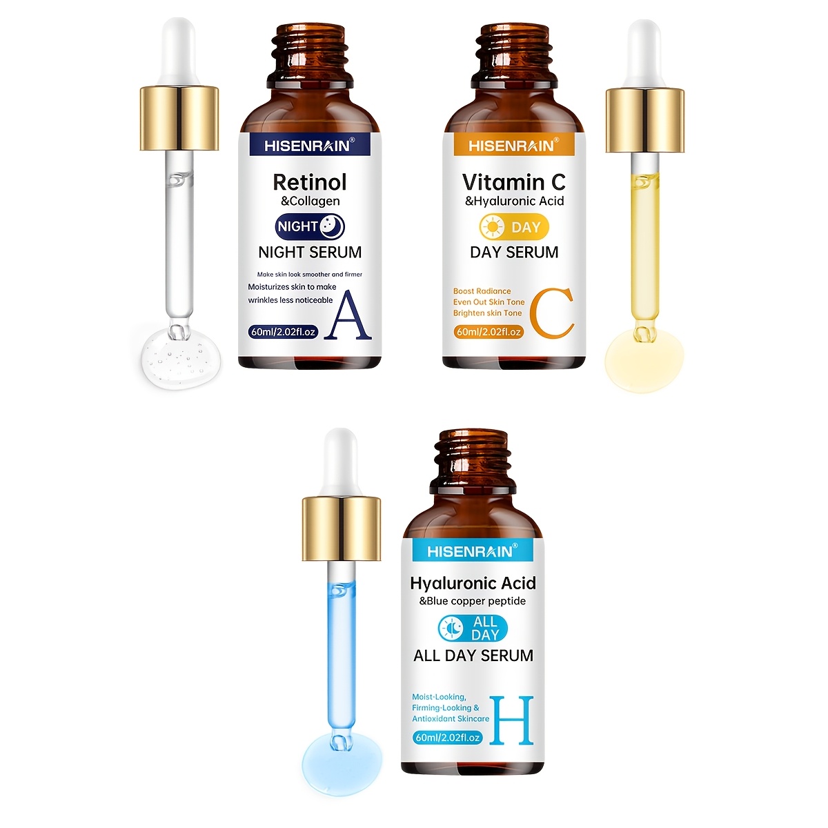 Image of Serum Set With Vitamin C + Retinol + Hyaluronic Acid (contains Collagen + Peptides + Vegetable Oil Extracts) -brightens Light Beige, Skin, Controls Oil & Moisturizes, Hydrates. Dry Skin.