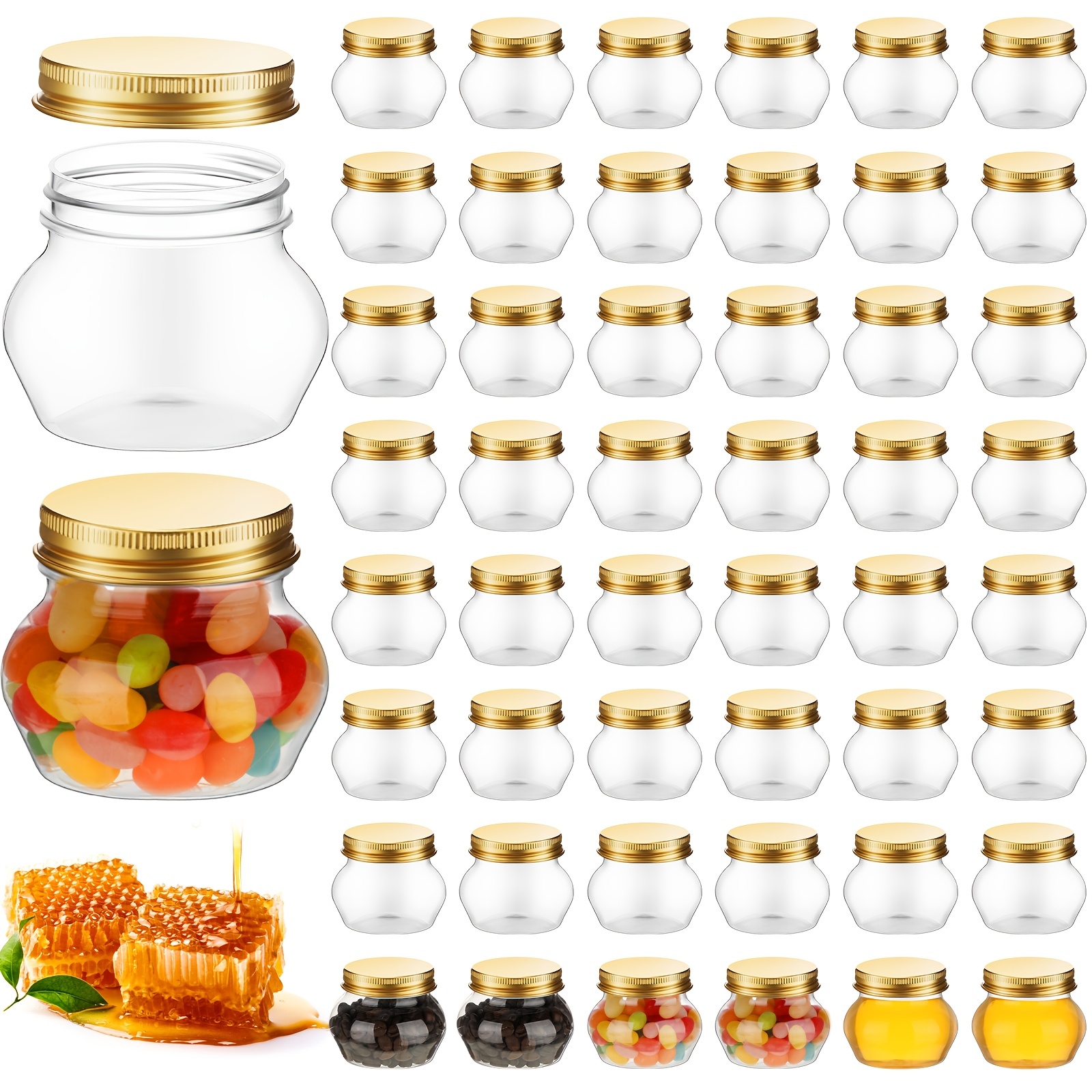 

48pcs 4 Oz Clear Plastic Jars With Wide Mouth Mason Canning Jars Mini Storage Containers Bulk For Jelly Wedding Favors Shower Party Favors(golden)