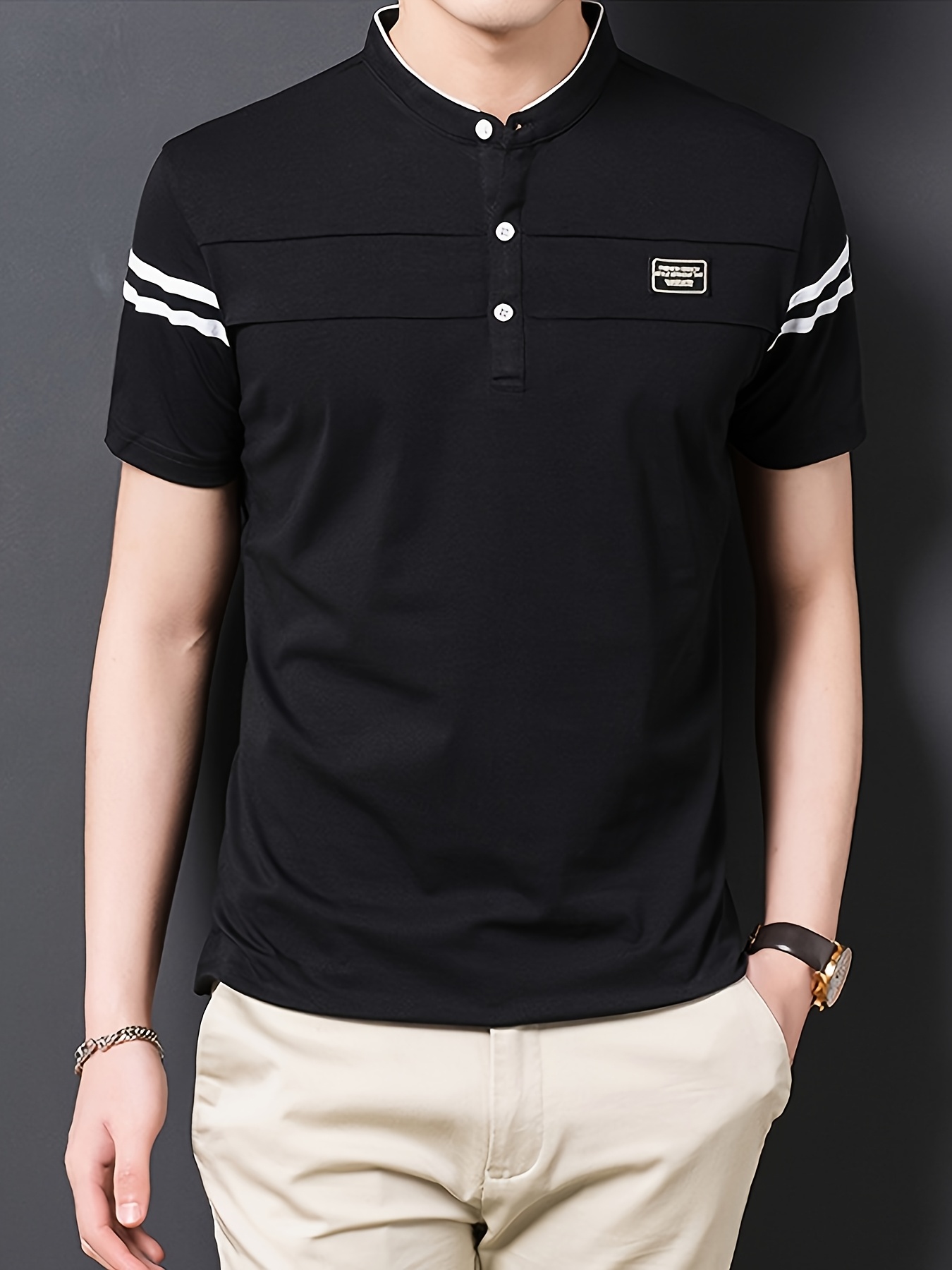Summer Men's T-Shirt, Solid Color Stand Collar Striped Short Sleeve Shirt, Suitable for Sports, Outdoor, Casual