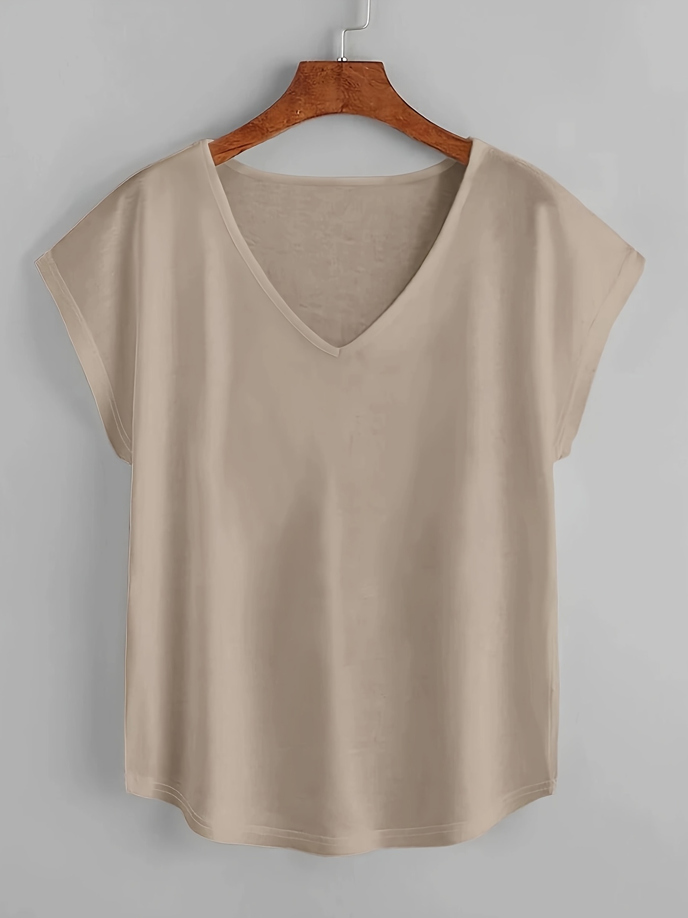 Women'S Plus Size Beige Batwing Sleeve V-Neck T-Shirt - Loose Fit, Elegant Pullover with Slight Stretch Fabric, All-Season Top, Comfortable Clothing | Minimalist Style | Glossy Finish, Plus Size Shirts