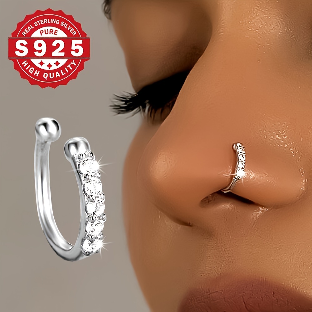 

1 Pack, Single, 925 Silver, Synthetic Zirconia Nose Ring, Adjustable No-piercing Wearable, Women', 0.7g