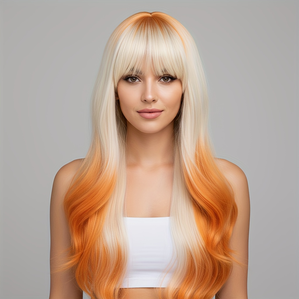 TEMU Long Platinum Blonde And Wave Wig, Air Bangs And Curly Ends, Synthetic Fibers, Natural . For Cosplay, Parties, Celebrations, Ceremonies. Soft, Comfortable, Easy To . 24 Inches