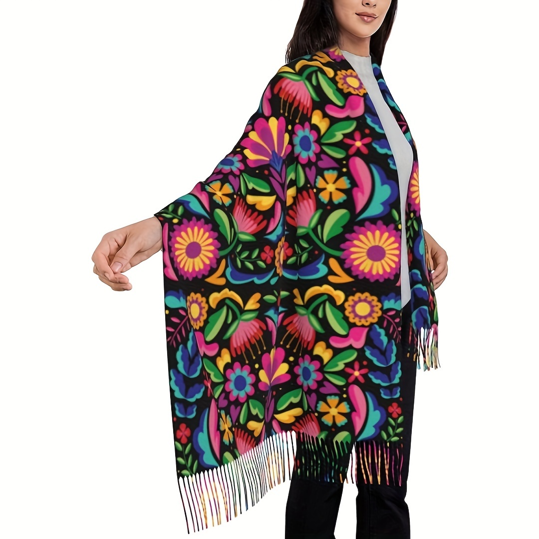 

Women's Floral Poncho Shawl, Mexican Style Soft Large Warm Blanket Scarf, Polyester, Mature Style, Hand Wash Or , Non-stretch, Evening Date Accessory, Decorative And Warm, , No Feathers