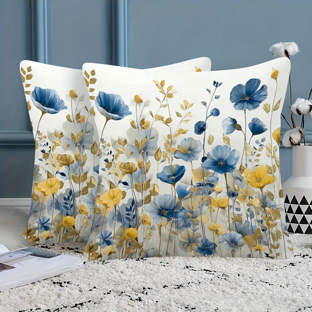 TEMU This 2pcs Set Features Watercolor-designed Pillow Covers Showcasing Blue And Yellow Wildflowers, Measuring 18x18 Inches. -sided Short Plush
