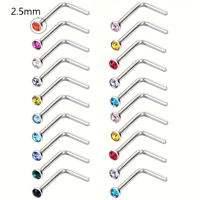 E-shop 20 Stück Nasenring L-förmig gebogene Nasenstecker 20 Gauge 304 Edelstahl Nasenringe Stecker Kristalle L-Biegung Nasenschrauben Piercing