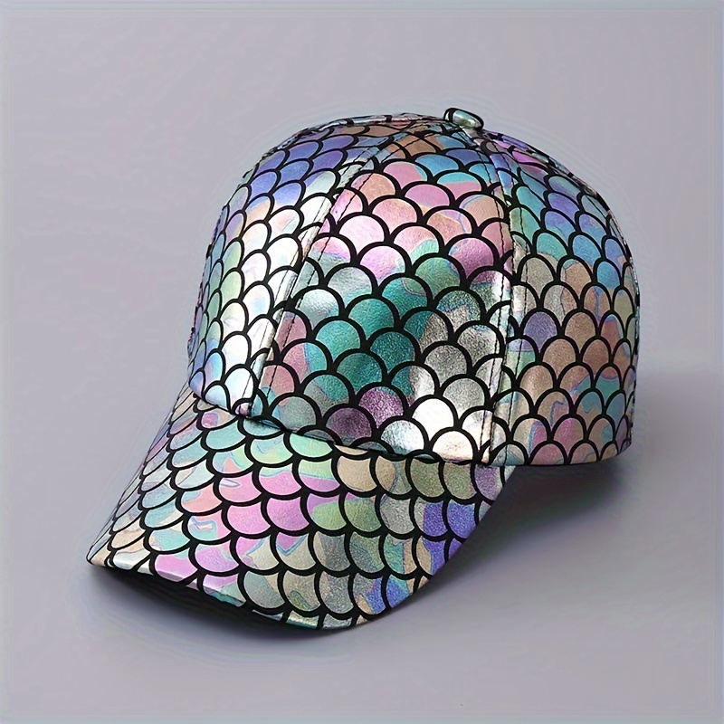 Women' Mermaid Scale Baseball Cap, Colorful Printed, Solid Color Glossy Pu Curved Brim Duckbill Hat