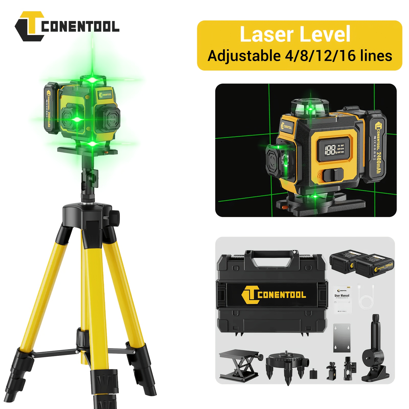 Conentool Professional 4d 16-line Laser Level With Tripod Stand & Heavy-duty Extension Rod - 3°, 2400/3600mah…: retailer-supplied image