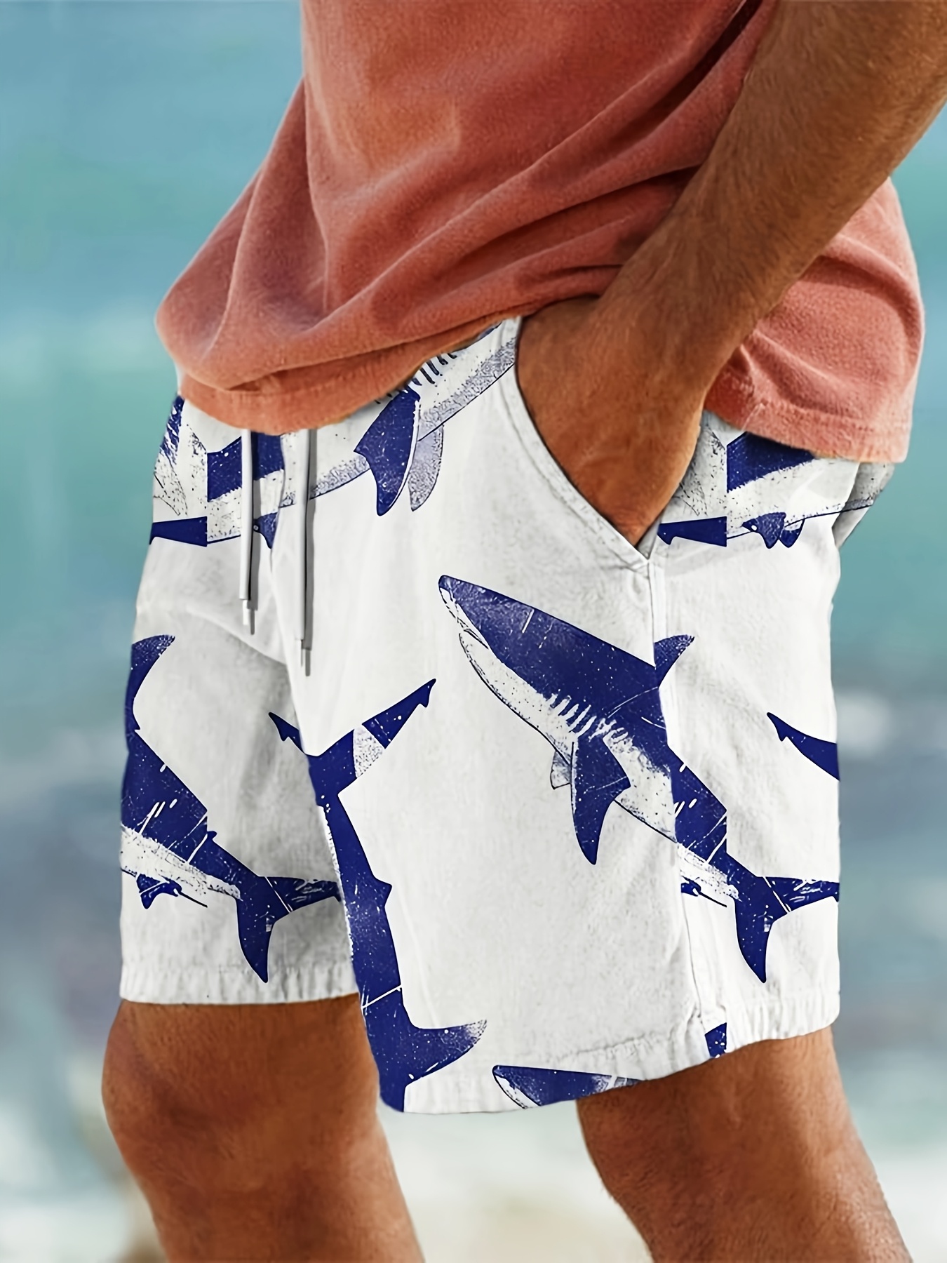 mens in shark print swim shorts zipper pocket drawstring
