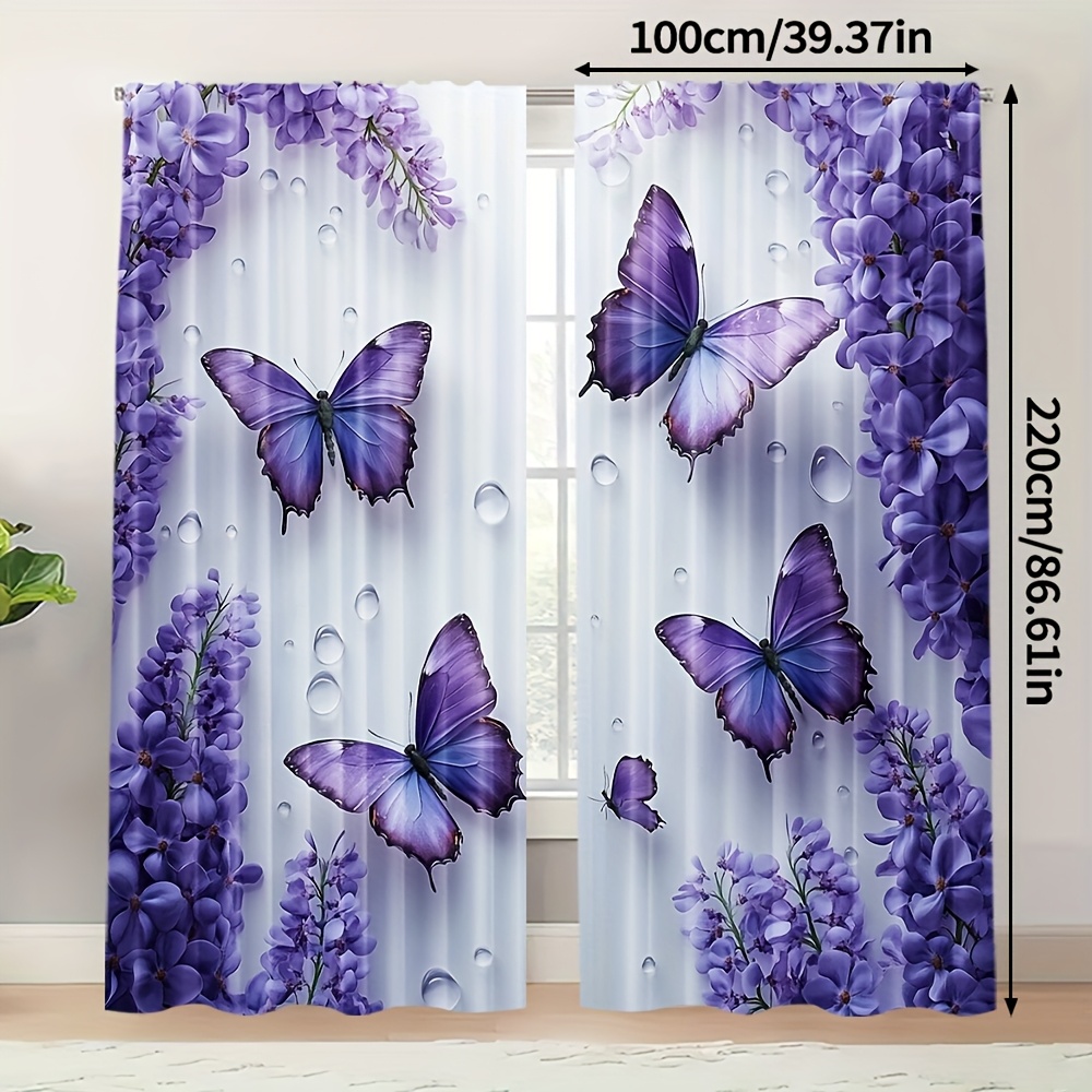 TEMU 2pcs, Curtains Of Spring, Purple & Chrysanthemum, Machine Washable Fabric, For Bedroom, Living Room, Study And Home Decoration, (without Rod)