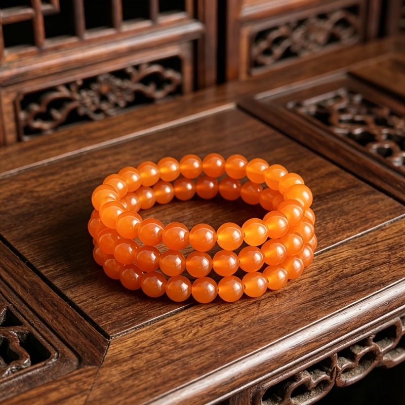 TEMU 2pcs/3pcs Bracelets de perles d'agate orange naturelle de 8 mm, chaînes de main élastiques unisexes, perles rondes orange, décontracté, idéal
