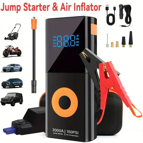 portable car jump starter 12000mah 150 psi with portable tire inflator air compressor 3000a jump starter up to 9 0l gasoline and 7 0l diesel engines power bank with led light used for cars motorcycles bicycles and ball games