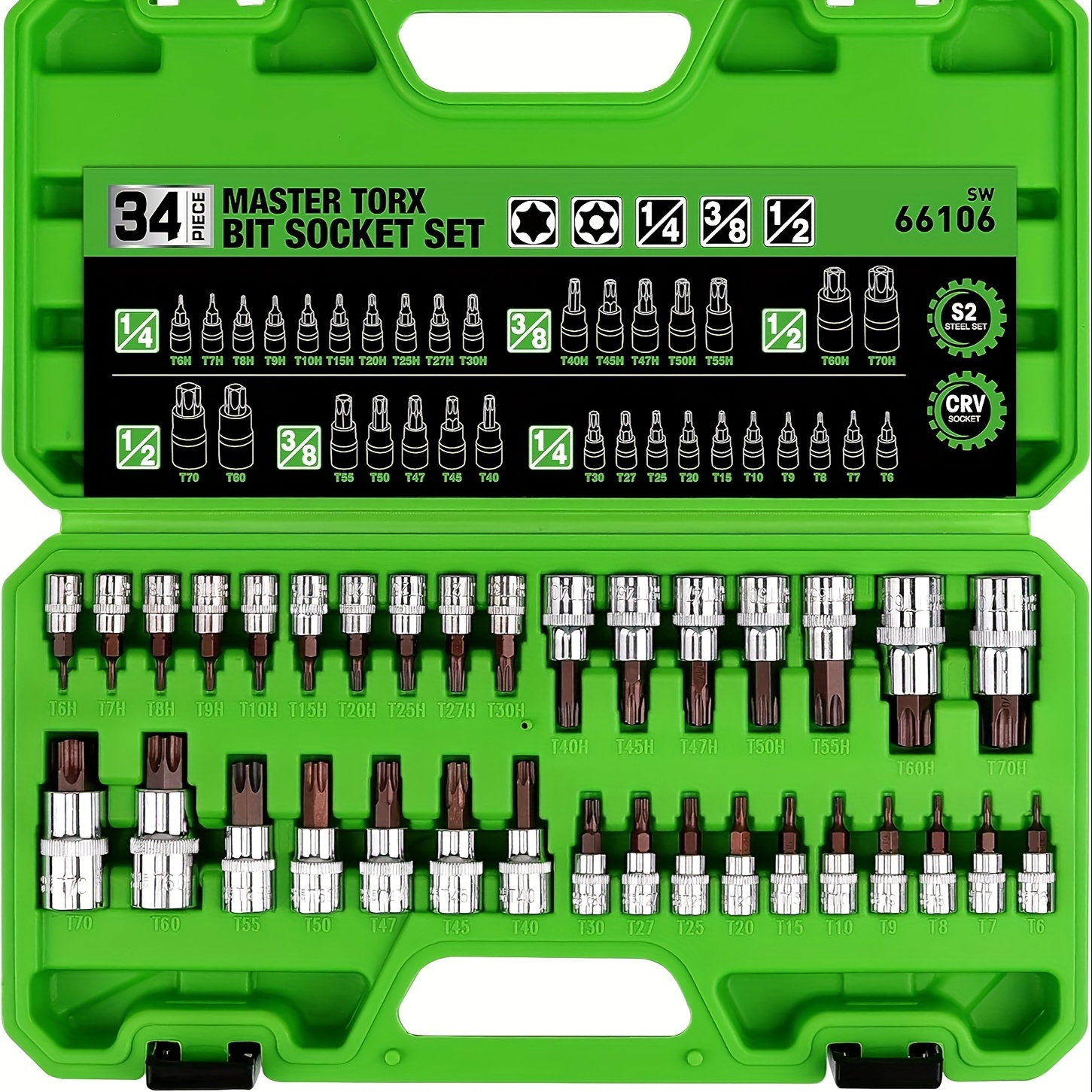 

34pcs Master Torx Bit Socket Set, S2 Alloy Steel & Chrome Vanadium, Solid & Tamper Proof Star Sizes T6-t70, Durable Cr-v Steel Sockets