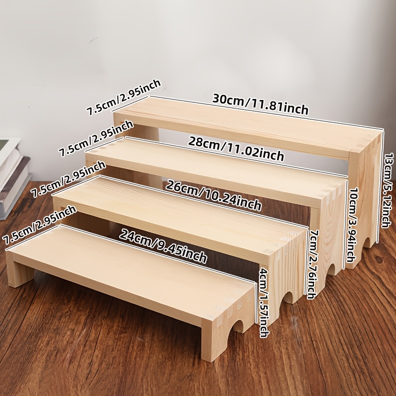 TEMU Natural Tiered Display Shelf, Set Of 4, Figurine And Model Display Stand, Solid Wood Storage Rack For Blind Boxes, Desktop Ornament Display