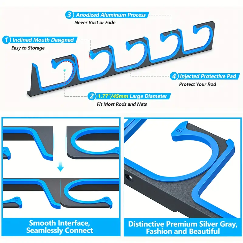a fishing pole is inclined to the horizontal PLUSINNO H5 Rod/Pole Holders for Garage, Wall or Ceiling Mounted Fishing Rod Rack, Aviation Aluminum Fishing Holder Holds up 5 Rod or Combos or Nets Storage You can easily store rods of any length or diameter out of the way for walls or ceilings! Daiwa Long throwing rod INTERLINE