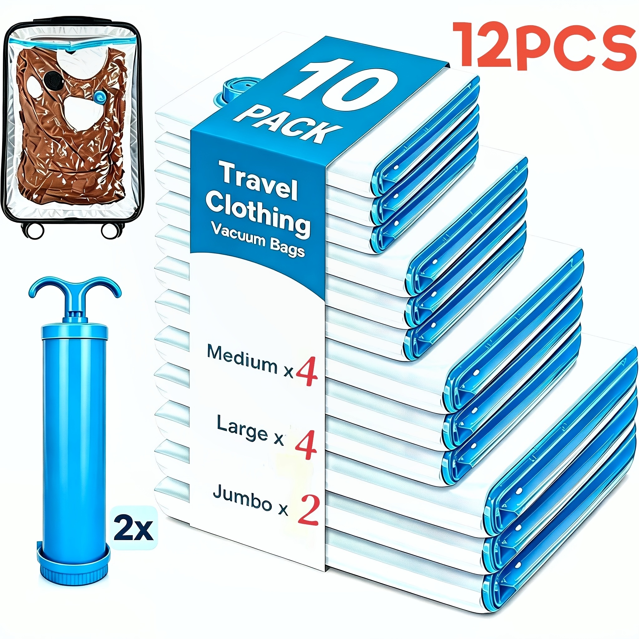 TEMU 12pcs Set Vacuum Storage Bags With Hand Pump, Space Saver Compression Bags For Clothes, Comforters, Bedding And Travel, 4 Medium 4 Large 2 Jumbo