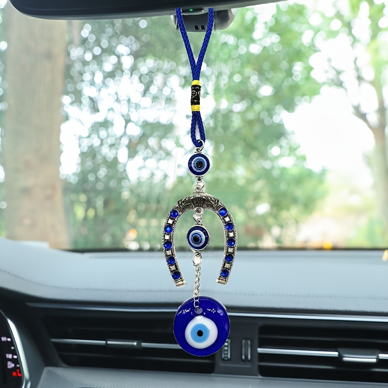 

1pc Dinaauto Turkish Blue Evil Eye Glass Horseshoe Car Charm - Hanging Ornament With Protective Evil Eye Pendant For Vehicle Decor