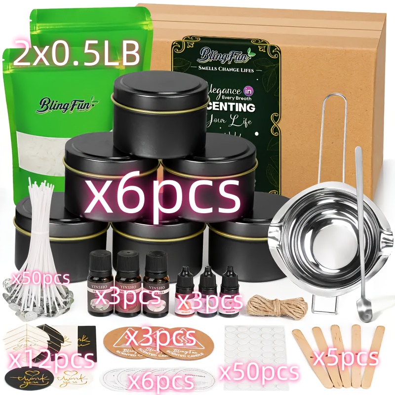 Blingfun's All-inclusive Kit For Making Soy Wax Candles Includes 6 Jars In Assorted Colors, A , Spoons, Fragrance Oils, Dyes, -resistant Mats, Dust Stickers, Wicks, Wick Stickers, And Holders