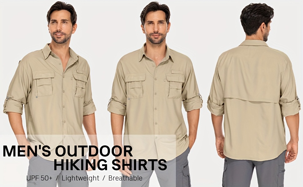 Men'S Summer Outdoor Sun Shirt, Quick Dry Lightweight Breathable Cooling Work Shirts, Long Sleeve UPF 50+ UV Protection Work Wear, Casual Button Cargo Shirts With Pocket, Lapel Collar, Regular Fit For Fishing, Hiking, Safari, Beach, Everyday Use