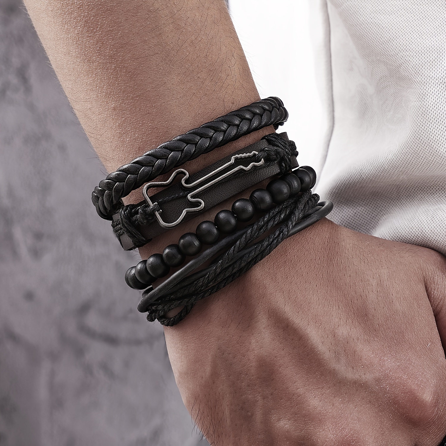 

Punk Rock-inspired Leather Guitar Bracelet Set - Adjustable, Pu Leather, Alloy Guitar Pendant, Music Lovers And Enthusiasts