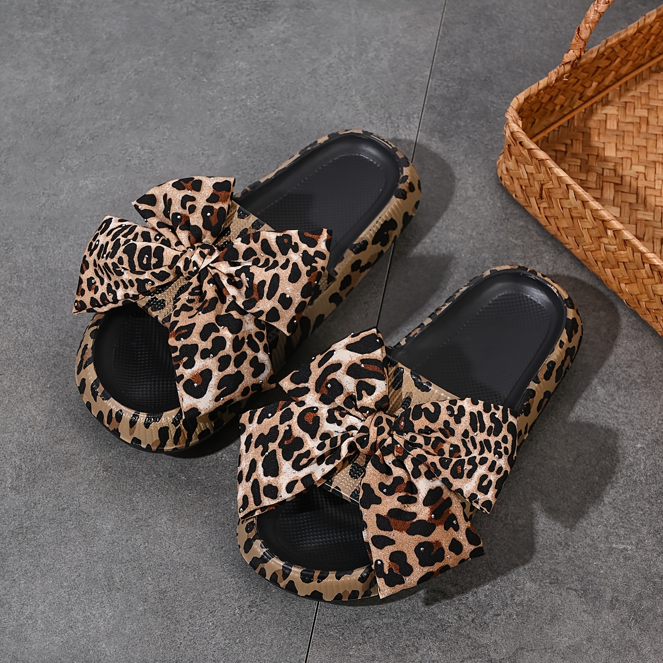 E-shop Damen Sommer Leopard Print Schleife Pantoletten, Outdoor, Indoor Freizeitmode Flip-Flops, Dameschuhe