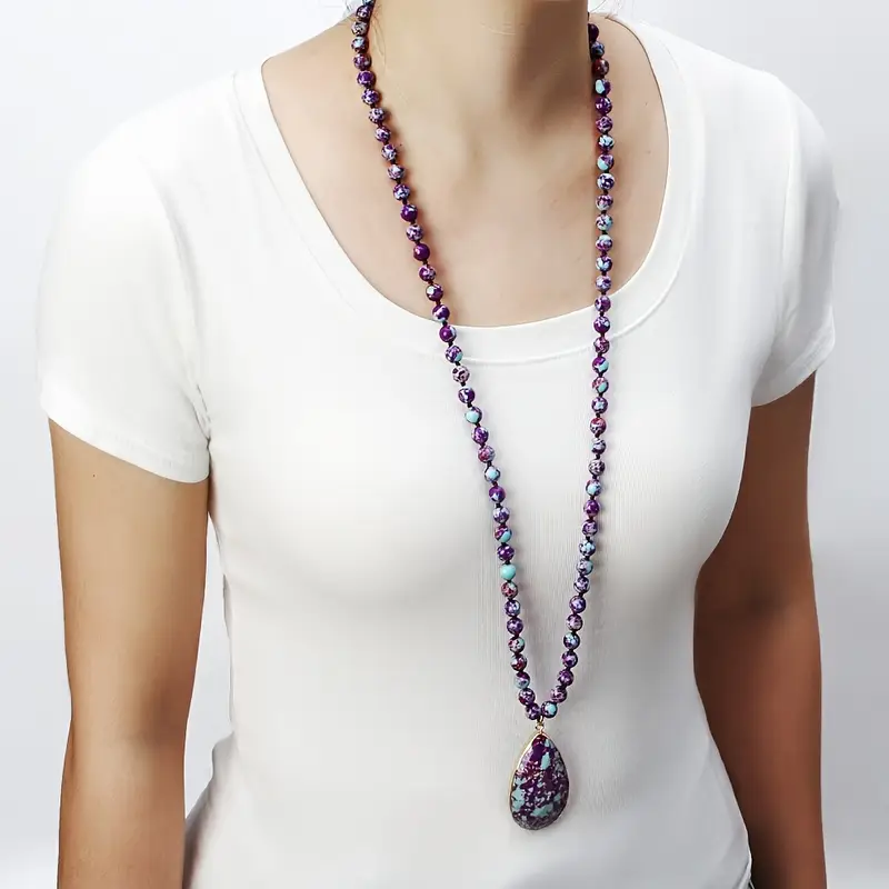 bohemian style womens fashion necklace 8mm beaded knotting multicolor stone teardrop pendant no power required jewelry for daily wear and gifts pride month celebration accessory 5