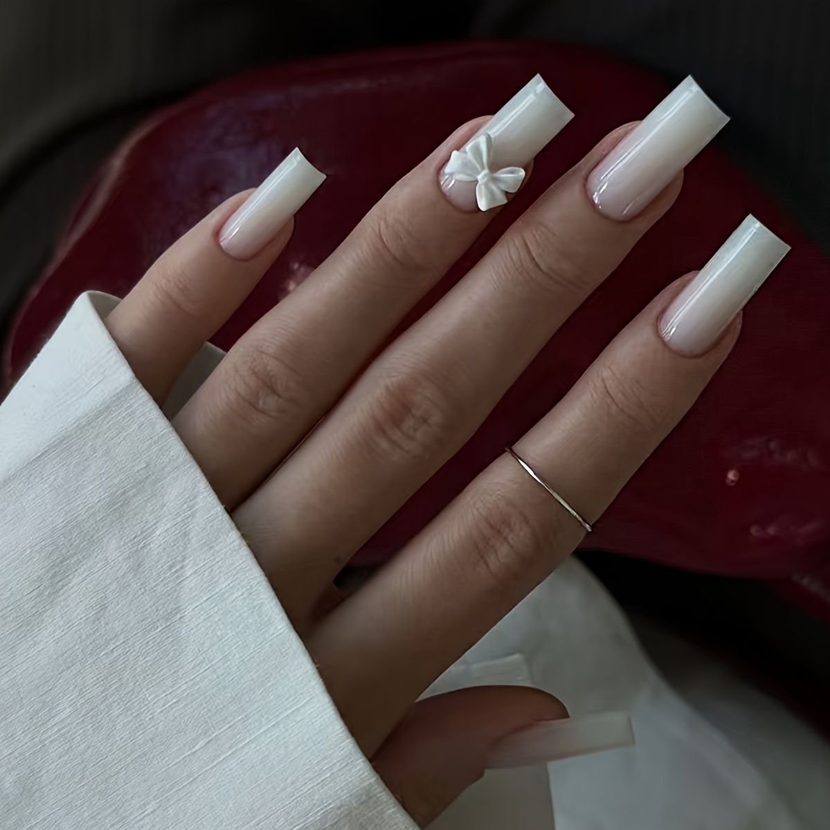 24pcs 3d Bow Holographic Press On Nails, Long Coffin Fake Nails For Women, Trendy Iridescent White Artificial Nails With 3d Bowknot Design, Reusable False Nails For Daily & Party