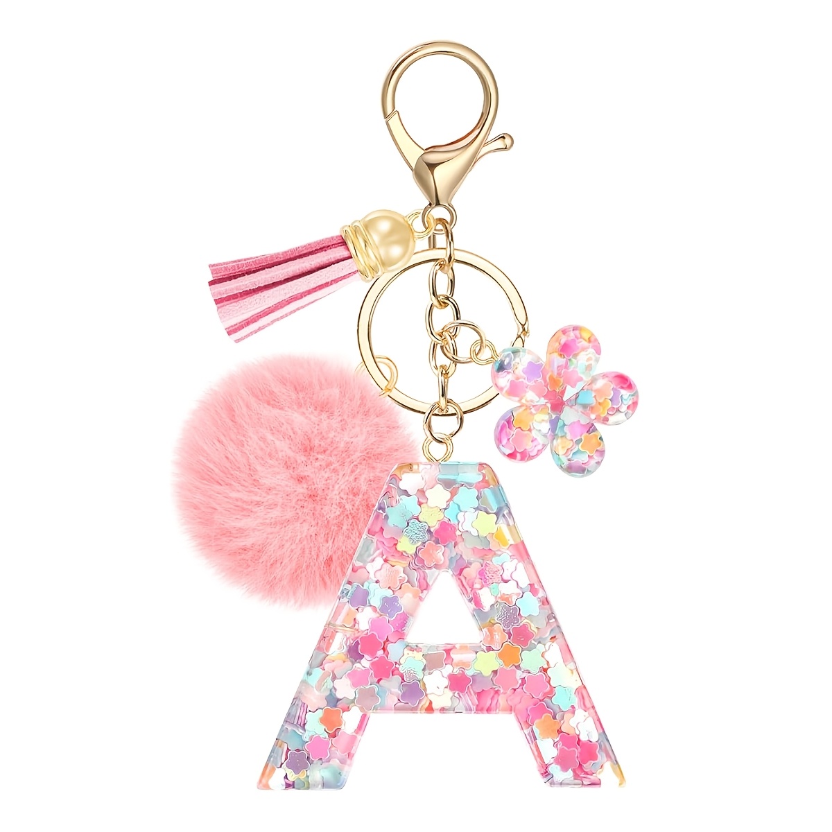 TEMU Porte-clés initiale pour femme, porte-clés lettre en résine avec , breloque pendentif pour sac avec fleur à paillettes