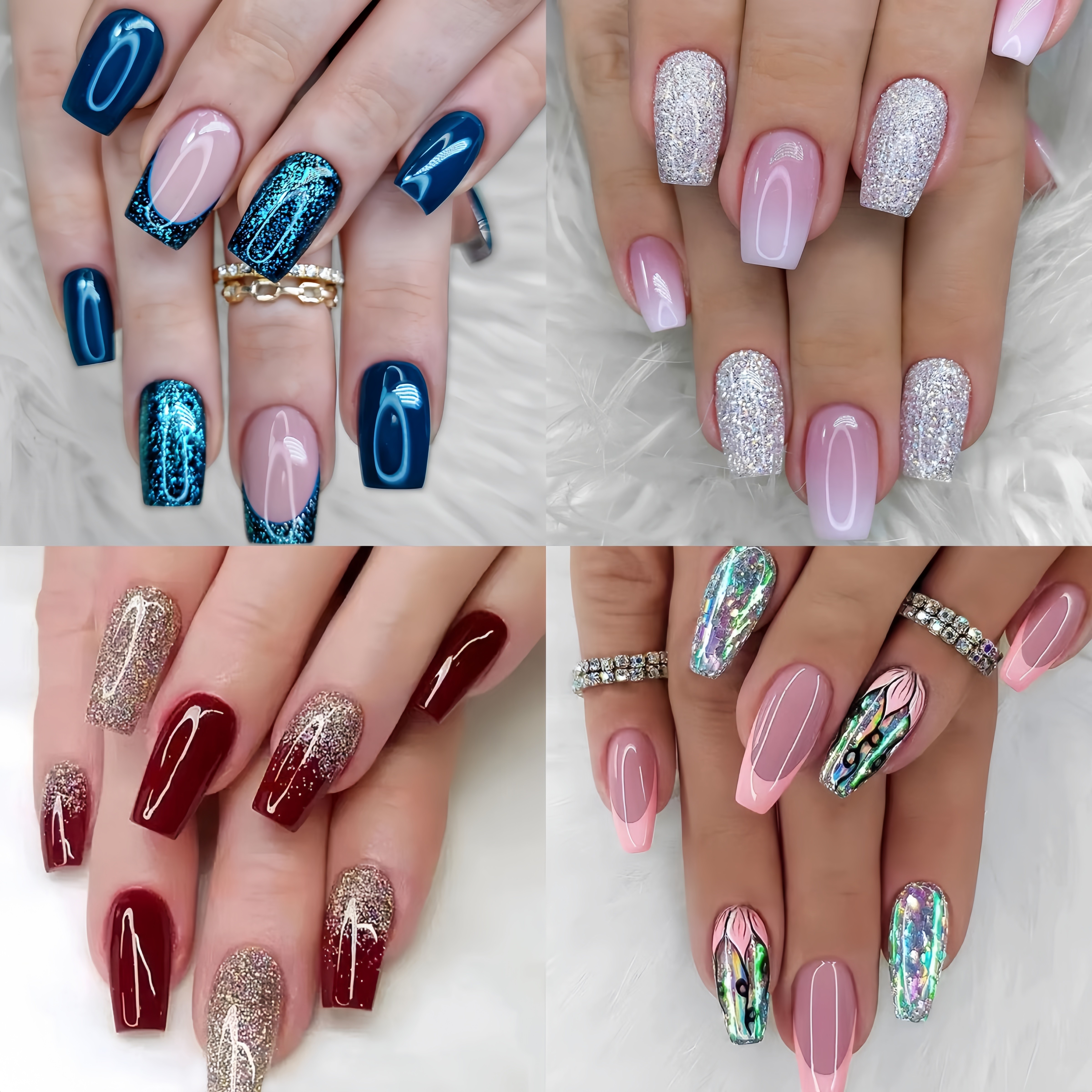 

96pcs Press-on Nail Set - Chic Autumn/winter Collection In Red, Blue, & Pink With Glitter And Marble Patterns - Medium , For Fashion- Women