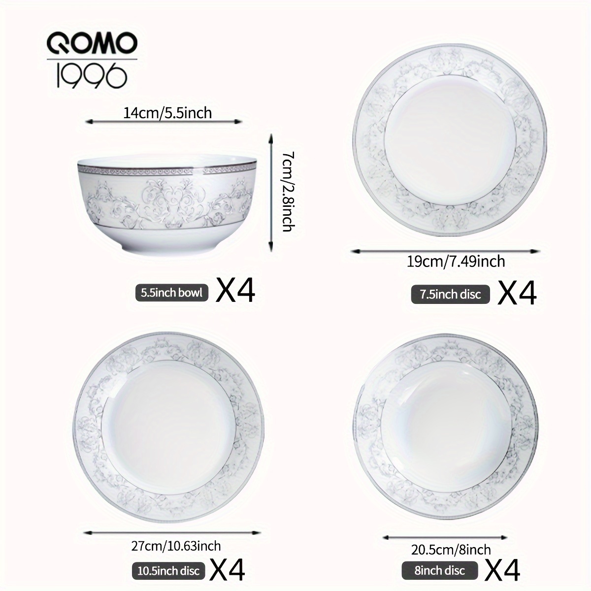 TEMU 16-piece White Retro Floral Porcelain Ceramic Tableware, Dinnerware Set With Dinner/dessert/ Plate, Bowl Service For 6 Person