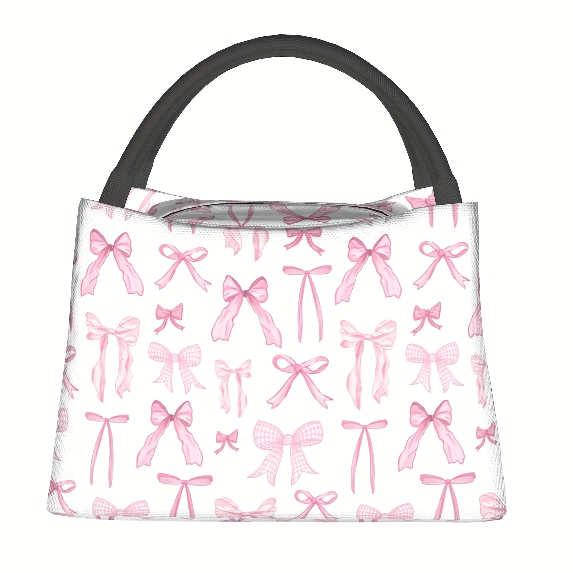 TEMU 1pc Pink Bow Pattern Insulated Lunch Bag - Reusable Portable Cooler Bag For Camping, Beach, Office & Outdoor, Durable Polyester Rectangular Food