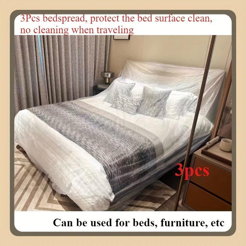 3pcs Bed Cover, Furniture And Mattress Protector Covers, 169.29in Extra Large Size Disposable Elastic Dustproof Drawstring Sofa Renovation Plastics Film Protection Sheet