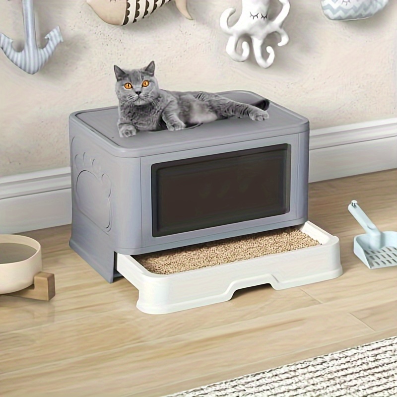 

Terraloom Enclosed Cat Litter Box With Lid, Two- Way Entry/ , Slide- Out Tray With High , Litter , Self- Groomer, And Deodorizer Filter, Gray- 19" L X 15" W X 15" H