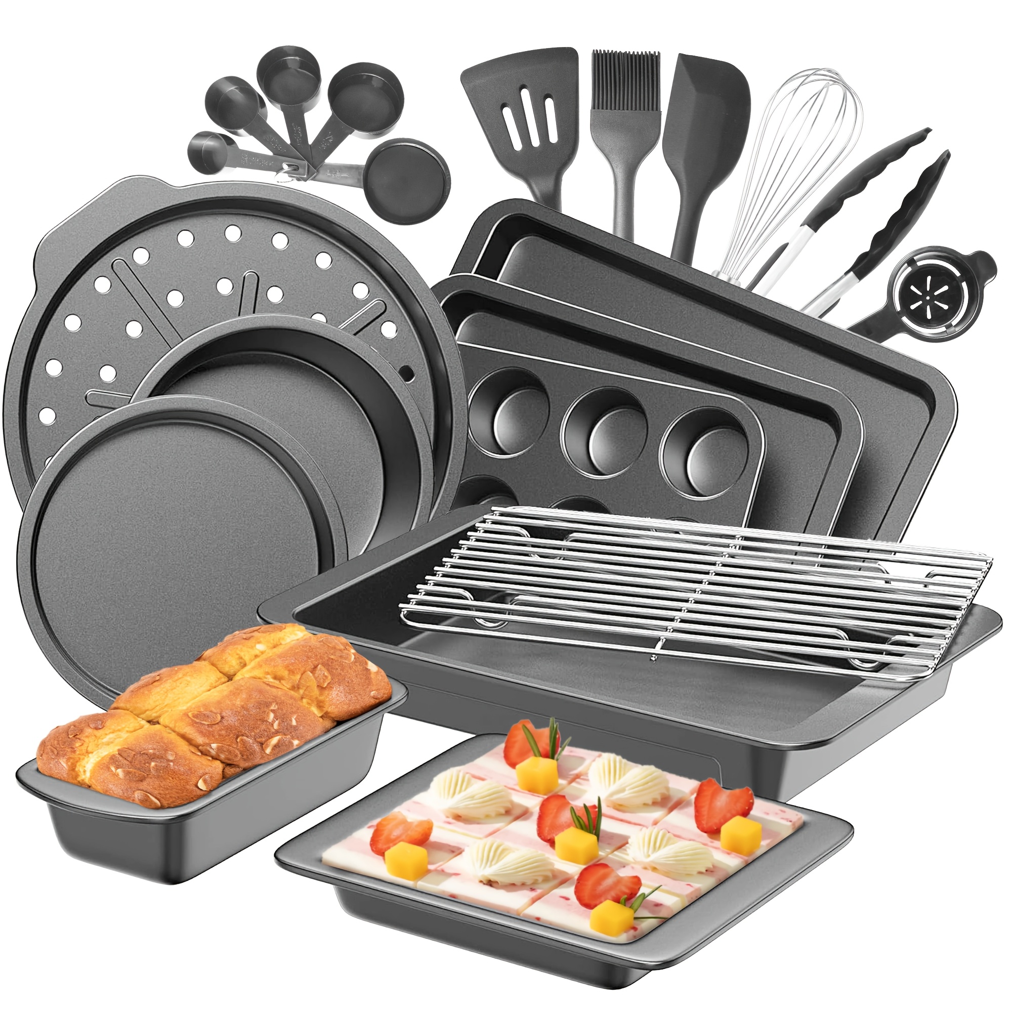 

Hongbake Bakeware Sets, Baking Pans Set With Kitchen Utensils, Nonstick Oven Pan With Grips, 17 Pieces Including Rack, Cookie Sheet, Cake, Loaf, Muffin, Pizza Pan