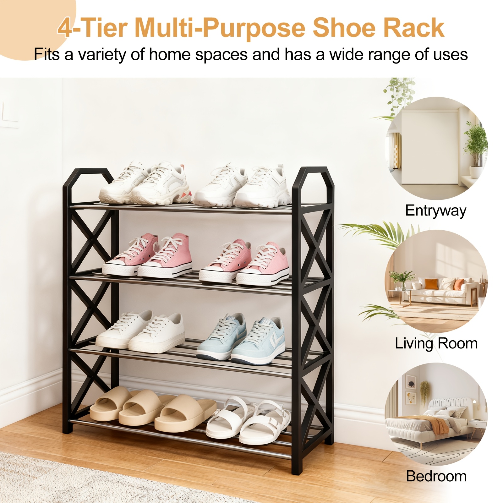 TEMU 4 Tier Metal Shoe Rack Lightweight Free Standing Closet Shoe Rack For 8 Pairs Of Shoes Entryway Sneaker Shelf Storage Organizer For Bedroom Doorway Floor Hallway Small Space