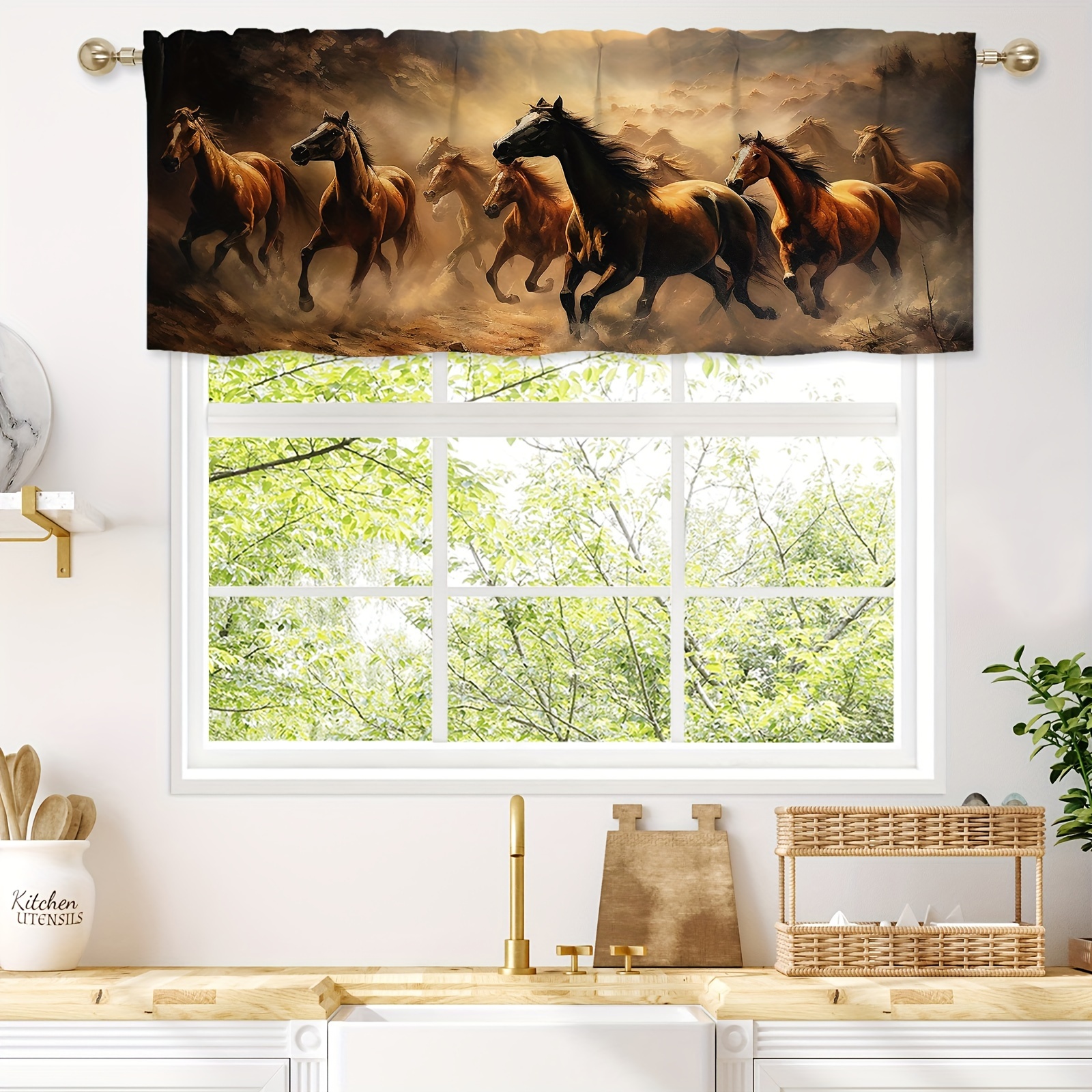 

1pc Galloping Horses Curtain Valance, Suitable For Living Room, Bedroom, Kitchen, Indoor Window And Door Home Decoration, Dining Room Kitchen Living Room Home Decor