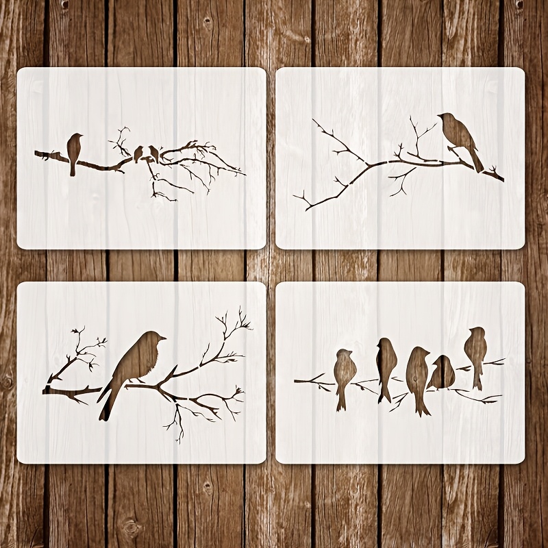 E-shop 4 Stück Wiederverwendbare A4 Vogel auf Ast Schablonen - Malvorlagen mit 4 verschiedenen Vogelpositionen geeignet für DIY Stoff, Möbel, Wand- &