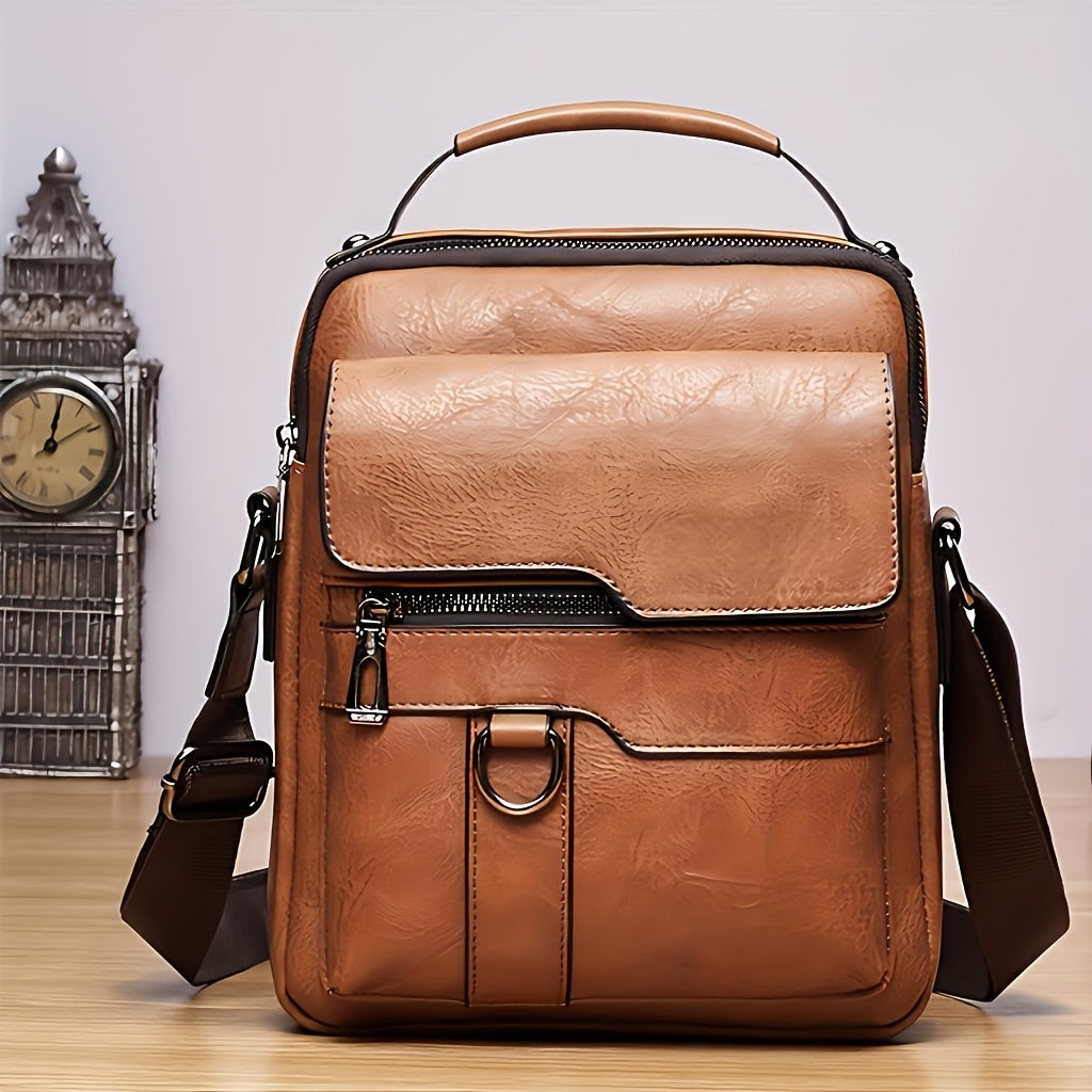 TEMU Men's Personalized Genuine Leather Crossbody Bag - Customizable Name "", Multi-, Adjustable Strap, Light Brown, Daily & Casual Use