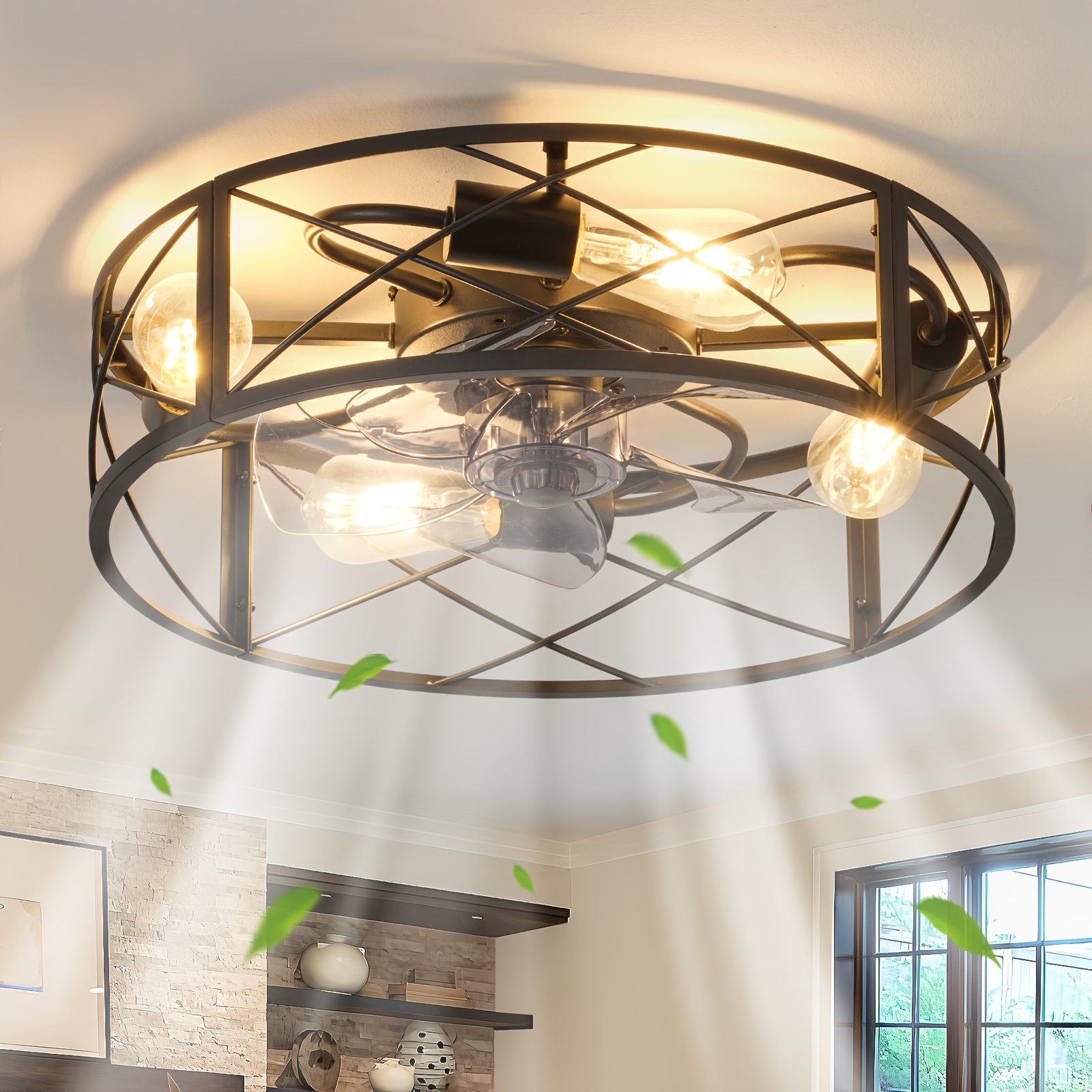 TEMU Industrial Ceiling Fan, 18-inch Modern Recessed Mount, Featuring Reversible Quiet Motor, Round Wrought With 5 Abs , 6 Speed Settings, E26*4,
