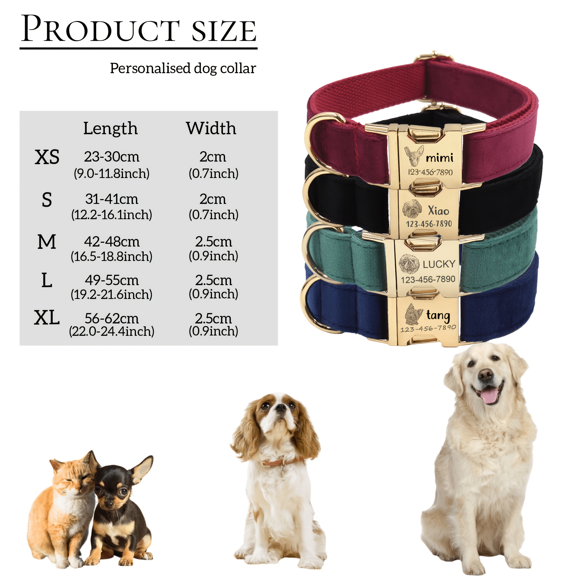 Personalized Velvet Dog Collar with Custom Name & Phone ID Tag